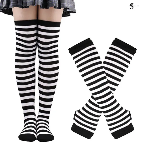 Mulheres meias meninas listras de manga de braço meias sobre as luvas de algodão comprido de algodão Goth Hosiery Leg Cosplay Halloween