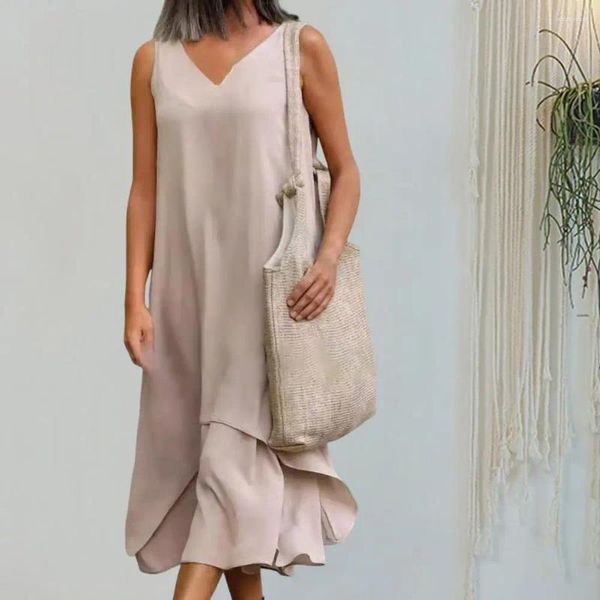 Lässige Kleider losen Fit Kleid Stilvoller V-Hals Midi für Frauen doppelt schienen Patchwork A-Line Design Shopping Urlaub Outfits