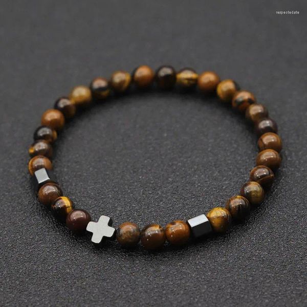 Strand Simple Style Men Cross Bracciale 6mm Red Natural Howlite Lava Tiger Occhi Braslet Ematite Braclotto Pulseria Hombre