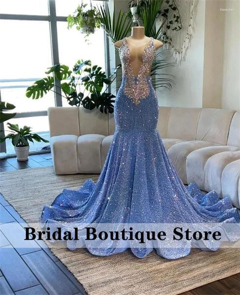 Vestidos de festa sexy diamantes brilhantes vestido de baile azul 2024 para garotas negras contas de cristal shinestones lantejoulas recepção de casamento