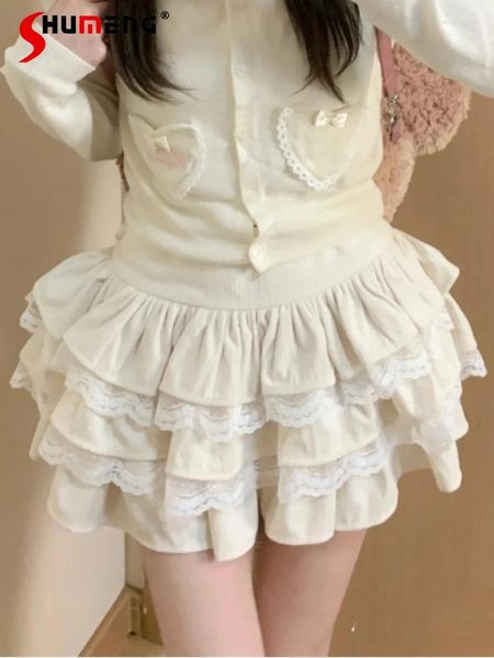 Saias de estilo japonês saia de bolo de mulher fofa 2024 outono inverno sweet alta cintura A-line renda costura curta