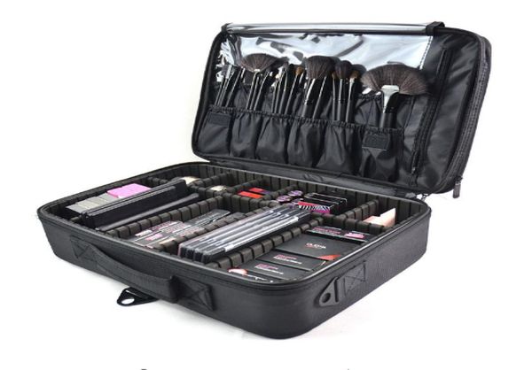 Alta qualidade Multifunction New Professional Women Makeup Case Bag Ladies Black Capacidade de armazenamento cosmético portátil Viagem BA1476435