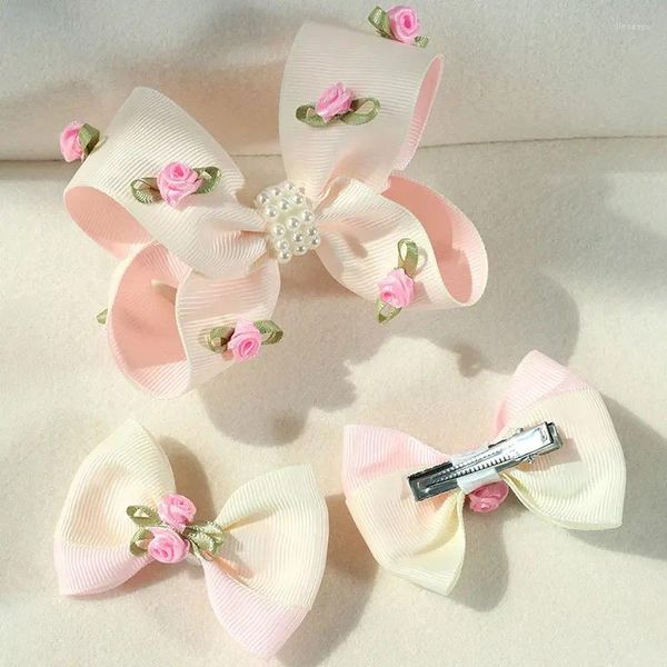 Accessori per capelli 3 pezzi nastro bowknot clips ragazze seta rosa formicolio boutique nodo per bambini coreano gambo