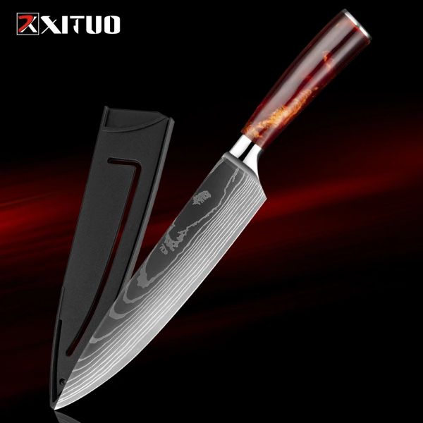 Faca de chef, faca de chef japonesa de 8 polegadas de altura, faca de cozinha afiada profissional, resina vermelha manusear facas de cozinha de cozinha nítidas