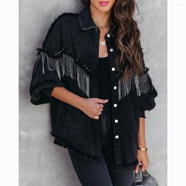 Frauenjacken Ayualin Vintage Kette Tassel Black Denim Boho Langarm Nietmäntel für Frauen übergroß