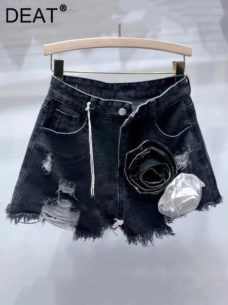 Shorts femininos da moda vintage contraste cor 3d de jeans de flor 2024 Moda de verão High Colo