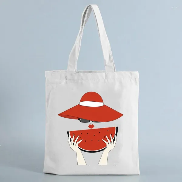 Sacos de compras bolsa dobrável Lady Grocery Totes Hat Hat Watermelon Print Bolsa Cartoon Reutilizável Capacidade de grande capacidade Mulheres