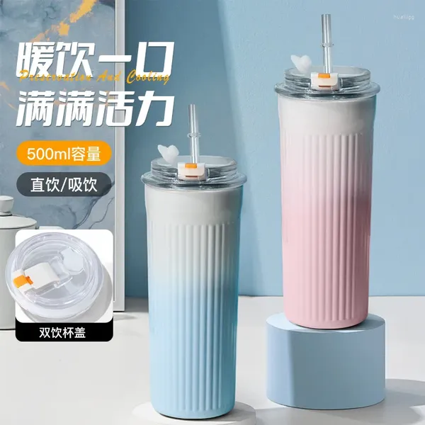 Wasserflaschen 500 ml Edelstahl Vakuum-Isolumflasche mit strohleckescouner Kaffee Tee kaltes Getränkauto Tasse