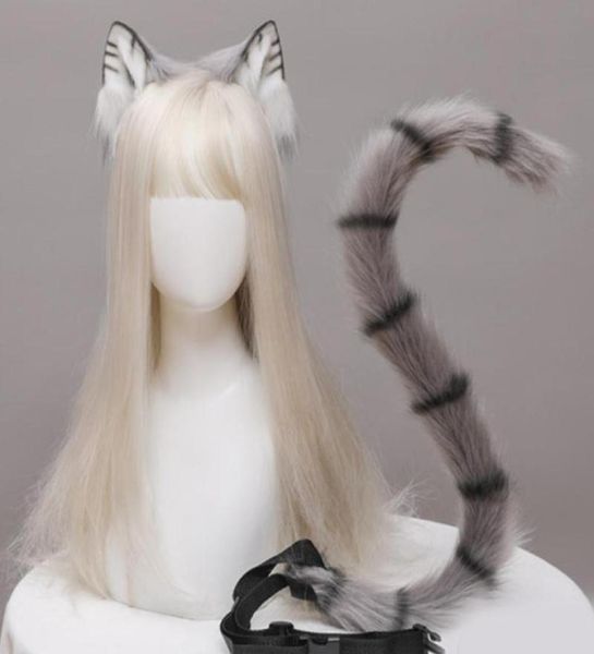 Outros eventos suprimentos de anime cosplay side orelhas de gato e cauda de cauda de cabelo peluda de cabelo de carnaval vestido de fantasia xm7784318