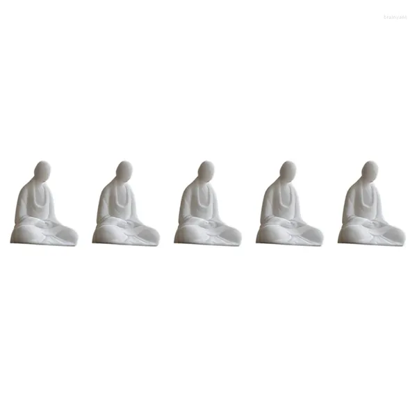 Dekorative Figuren 5x Mini weißer Keramik Buddha Statue meditieren Mönch Zen Stil Miniaturlandschaftszubehör