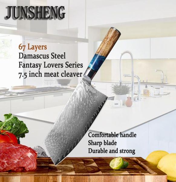 Junsheng 75 polegadas multifuncionais faca de cozinha Cleaver 67 camadas Damasco aço lâmina resina alça de árvore de cozinha 21888541