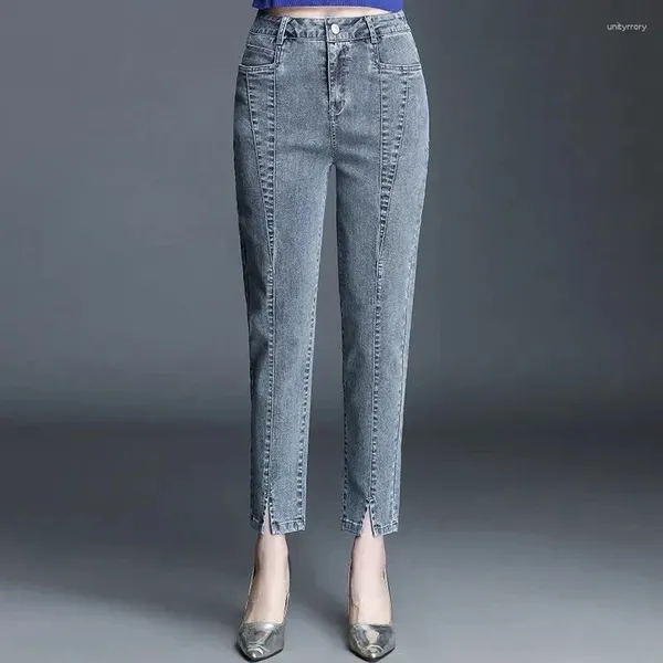 Jeans femininos Cantura alta fita Mulheres retas de harém elástico harém vintage azul casual calça de jeans feminina sexy split lápis