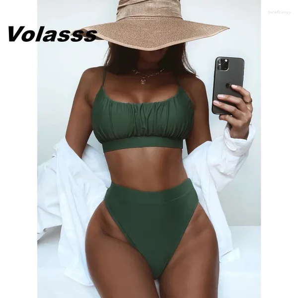 Frauen Badebekleidung sexy Ruched Badeanzüge hohe Taille Halfter Bikini Set feste Armee Grüne Frau Brasilianische Biquini Zwei Stücke Frauen Schwimmniederkleidung