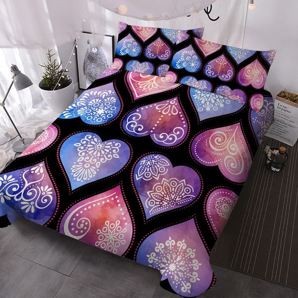 Conjunto de roupas de cama de design de mandala em forma de coração, decorativo 3 peças capa de edredão com 2 travesseiro shams para cama em casa 240420