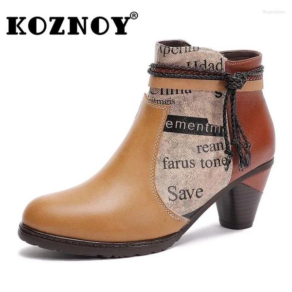 Botas Koznoy 6cm Pano de estampa sintética tornozelo 2024 British Cowboy Ethnic Genuine Leather Zip Big Size Autumn Spring Women Shoes