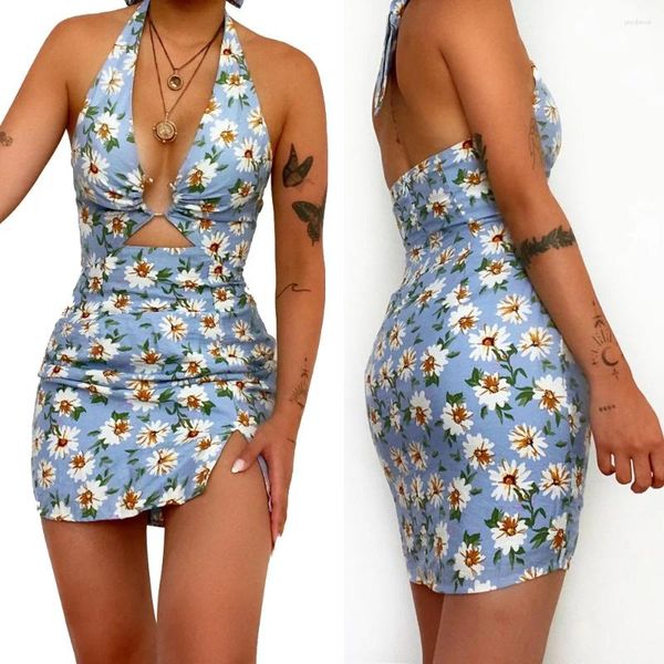 Vestidos casuais Skmy Summer Roushing For Women Fashion Dress Floral Dress Sexy Halter Neck Aberto Back Hollow Out Bodycon