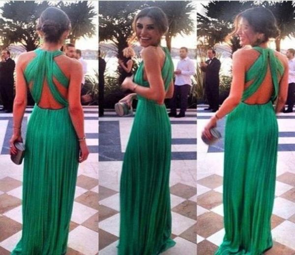 Emerald Green Long Kleider Abendkleid sexy Prom Kleid Criss Cross Open Rücken Riched Chiffon MADE MADE MAD