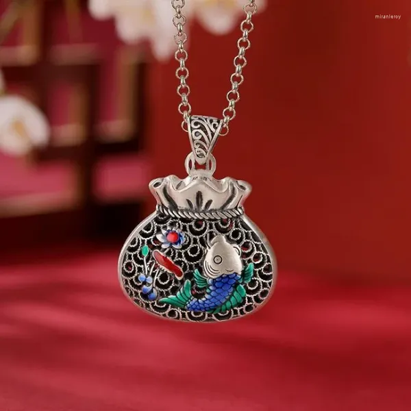 Цепи 925 Silver Cloisonne Blue Carp коше Подвесной Подвеска Emel Hollow Out в китайском стиле для женщин классические ювелирные украшения Ruyi Chain