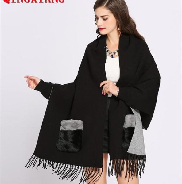 Campione inverno finto cashmere poncho donne a manica lunga avvolgono a scialle vintage pelliccia di pelliccia femmina oversize bassa a maglia a maglia a maglia 2010065691129