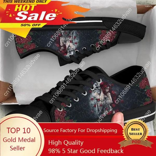 Sapatos casuais caveira gótica Love Design Women Sneakers Red Rose Lace Up Flats Black confortável