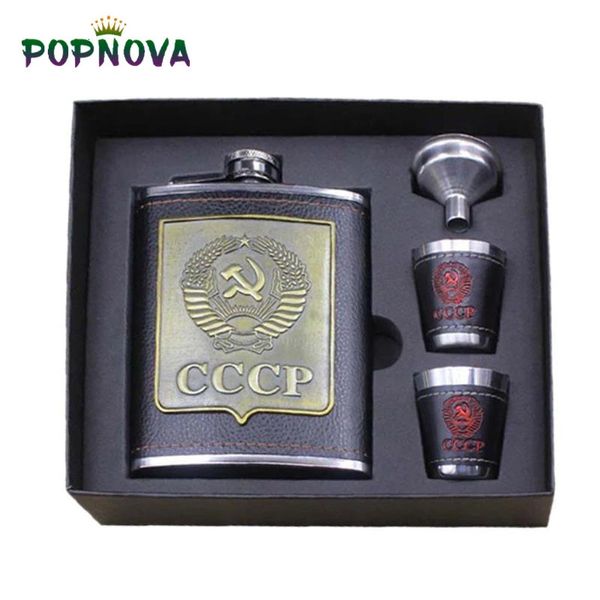 8oz Luxus Edelstahl Alkohol Hüftflächen Wodka Whisky Weinflasche Tassen Set CCCP -Gravurbehälterkolben 240429