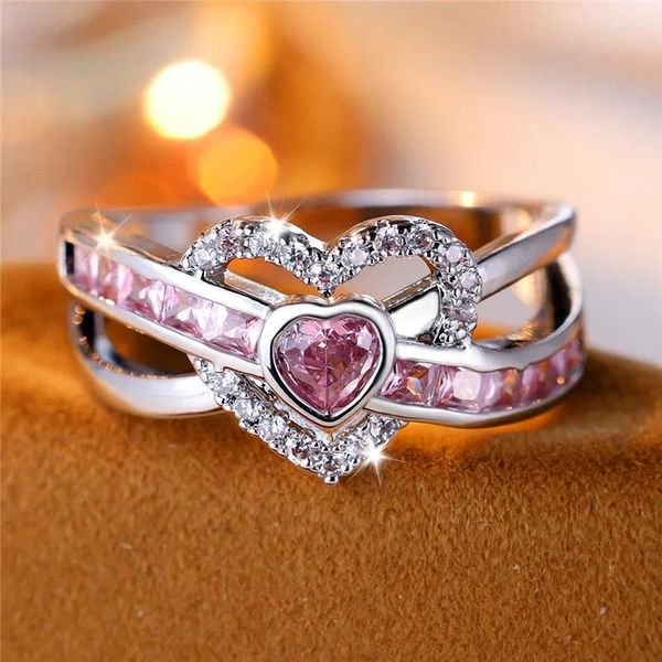 Anelli da nozze Cute femminile Rosa zircone Ringio in pietra di pietra alla moda Trendy Color Heart Engagement Gioielli