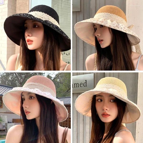 Chapéus largos da borda Viagem de verão Protetor solar Lace Ribbon Straw Hat Women Women Seaside Vacation Big Sun dobrável Sweet Bucket