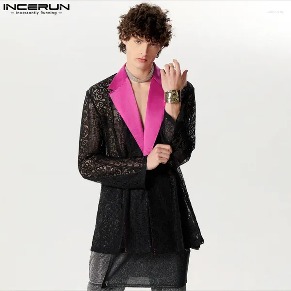 Camisas casuais masculinas Moda bem encaixada Incerun 2024 Splicing Lace Design Sexy Perspectiva Sexia Cardigan Blouse S-5xl