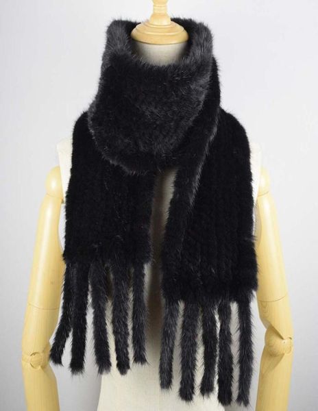 Capelli di visone a mano a maglia Carapana autentica per capelli di visone più caldo per donne alla moda vera sciarpa di pelliccia con frange7105217