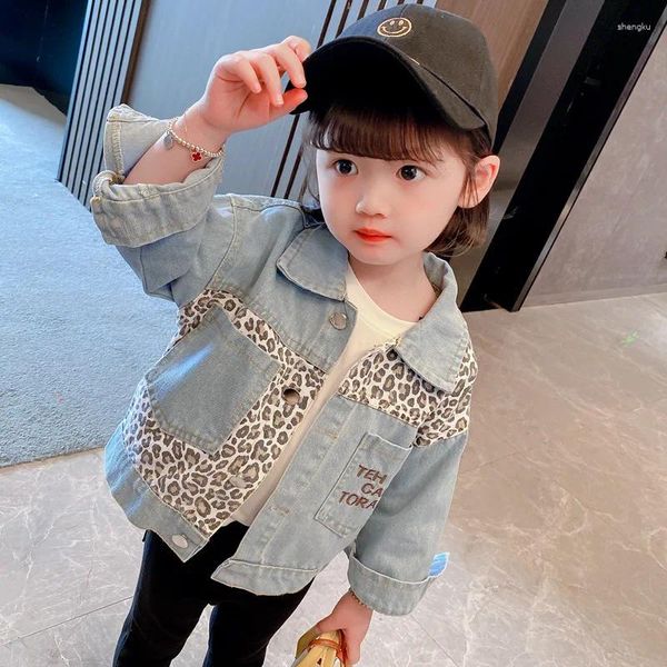 Jacken 2024 Mode Girls Leopard Dünne Denim Jacke Frühling Herbst Kleinkind Patchwork Baby Girl Copps Tops Kinder Kleidung