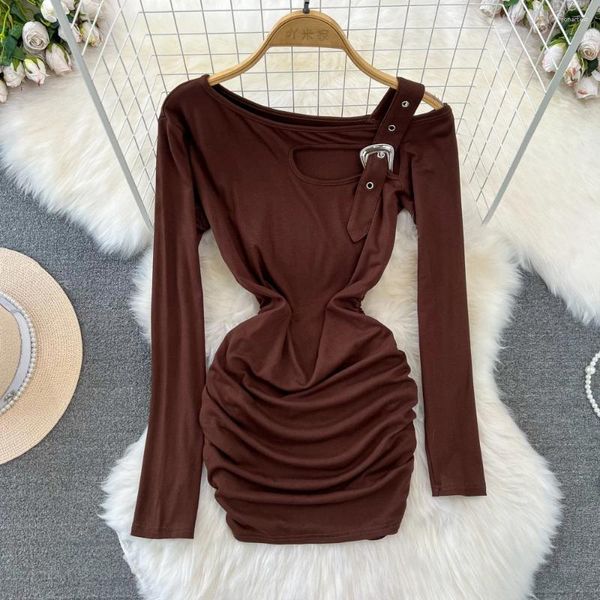 Vestidos casuais primavera e outono menina slim fit obllique pescoço mulheres mulheres sexy fora da cintura oca mostrando fino curto