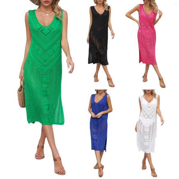 Coperchio di bikini all'uncinetto casual da donna Sleeveless Hollow Outup Abito midi diviso