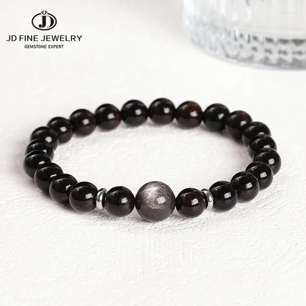 Strand jd Naturstein Schwarzes Sandelholz Silber Farbe Irisation Obsidian Perlenarmbänder Frauen Männer Einfaches Glücksstrafenschmuck Geschenk