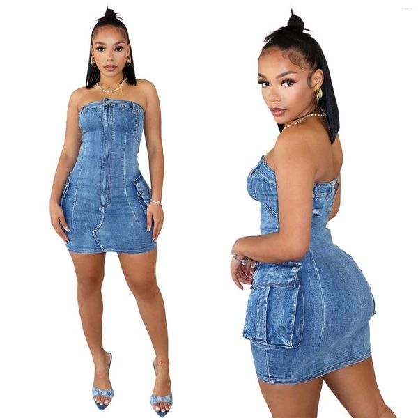 Vestidos casuais Multi Pockets Jeans Skater Dress Women Sexy Women Bodyless Bodycon Blue Denim Club vestidos