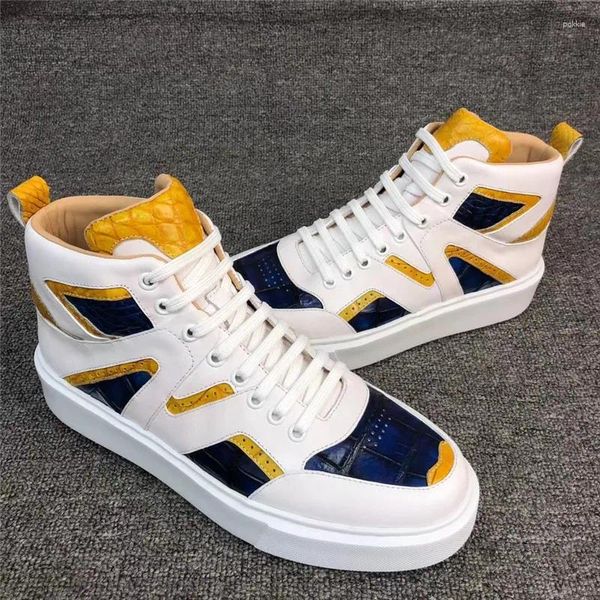 Casual Schuhe authentische Krokodil-Hautmischungs-Farbe High-Top-Männer farbenfrohe Brett Echtes exotisches Alligator Leder Männliche Schnürknöchelflats