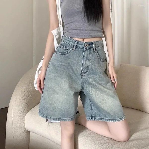 Shorts femminile Blue Denim Vintage Women Streetwear Streetwear Jeans Straight Fun Long Long Longs Summer High High Waist Jean Z696