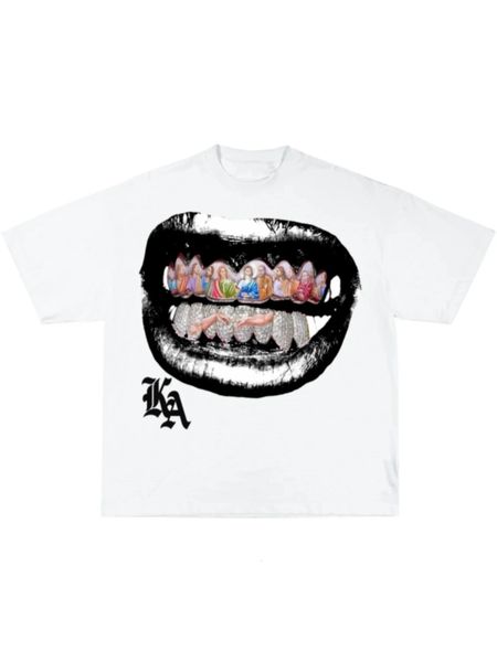 Camisetas gráficas de dentes grandes de algodão puro de verão para homens mulheres y2k top hip hop harajuku moda redonda pescoço puro mangas curtas 240429