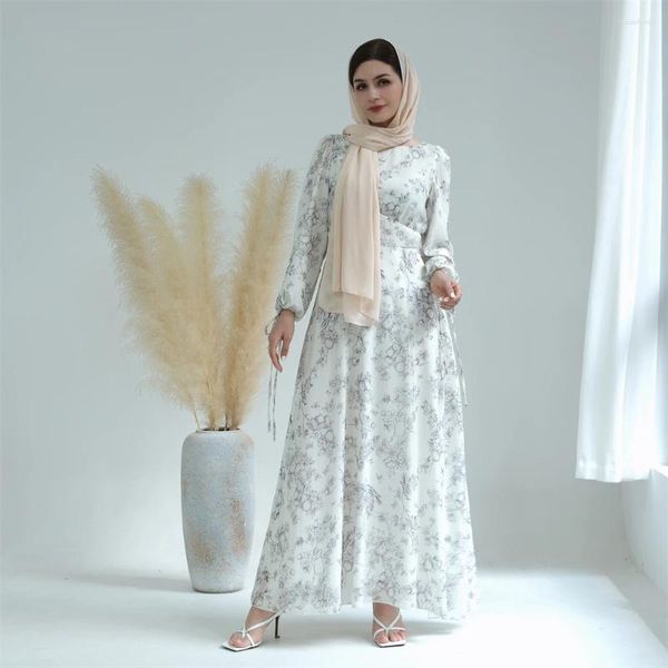Abbigliamento etnico Dubai Donne floreali Stampa a maniche lunghe Maxi Abito musulmano Abaya Turchia Kaftan Arabo islamico Abita Ramadan Jalabiya Abito