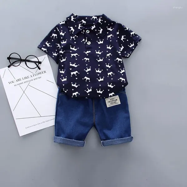 Roupas Conjuntos 2024 Summer Born Boy Mody Fashion Print Breathable Short Slave Lapeel Camisa Top Crown Denim Shorts 2pcs/Set