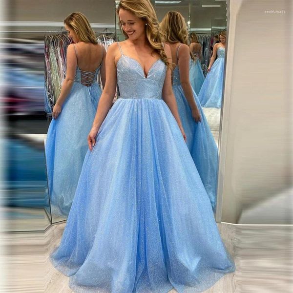 Vestidos de festa com decote em V Spaghetti tira o bolso Lace Up Blue Sparkle Tulle A-Line Prom Vestes Vestido Formatura Longo