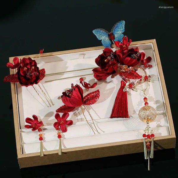 Haarclips Chinesischer Kopfschmuck Wein rote Blume Schritt schwanken Haarnadel klassisches Styling Hochzeitszubehör