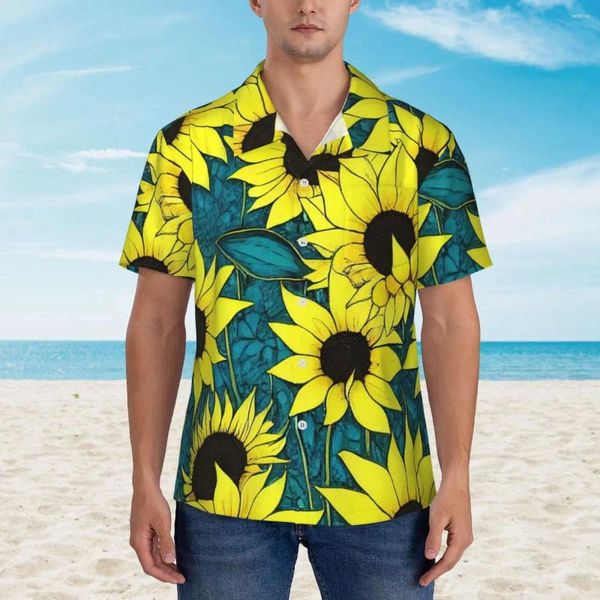 Herren lässige Hemden coole Sonnenblumen -Sommerhemd Männliche Strand riesige Sonnenblumen kurzärärmische atmungsaktives Design Retro übergroße Blusen