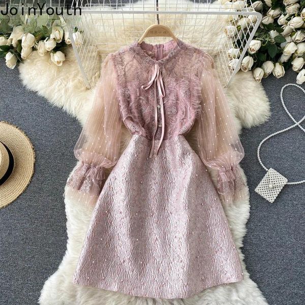 Lässige Kleider Korean Chic Leichte Luxus schwere Perlen für Frauen-Netzhülsen Stickerei Robe Femme Temperament A-Line Vestido de Mujer