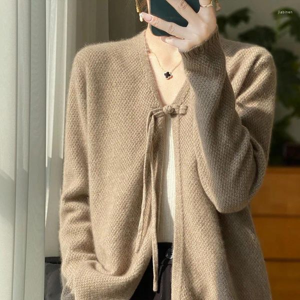 Frauen Strick 2024 Frühlings-/Herbst Wollknit-Strickjacke Pullover Frauen Kleidung V-Ausschnitt Mantel Frauen Langarm Tops Koreanische Modejacke