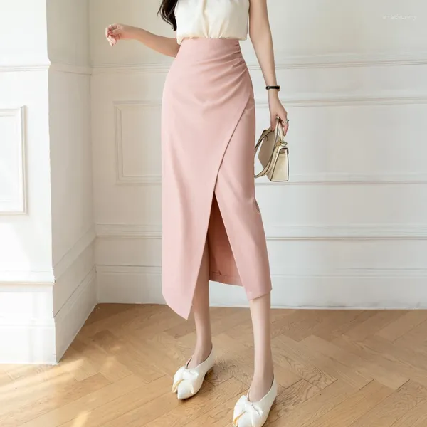 Röcke koreanischer Stil Sommer langer Rock Slim Pink High Taille Split Frauen solide a-line sexy Ol Vintage Frauen Kleidung