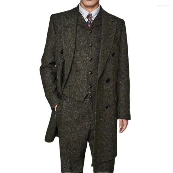 Abiti da uomo spessa in lana di tweed calda da 3 pezzi Custome homme spicco di nozze terno masculino slim fit shouxedo blazer long giacca gilet