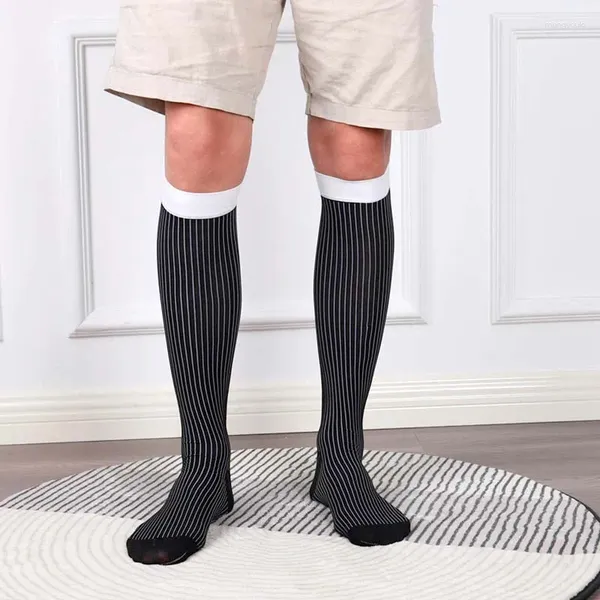 Мужские носки, 1 пара мужских эластичных нейлоновых носков в рубчик, в шелковую полоску, повседневные, деловые, японские, дышащие, деловые, длинные чулки