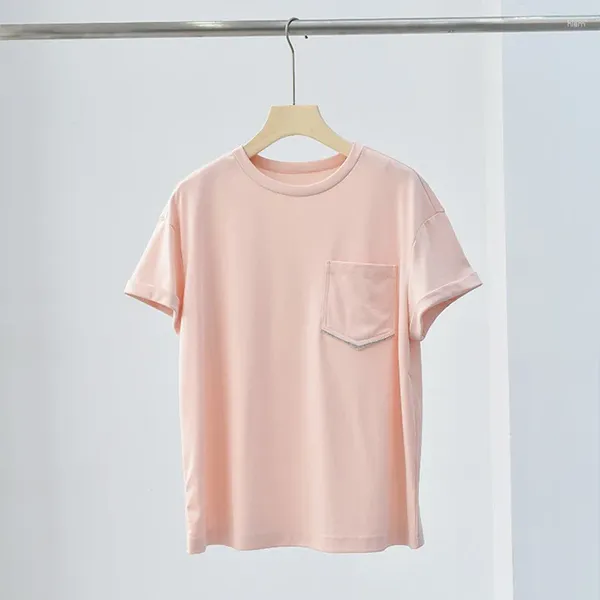 Damen T-Shirts Perlenkette Taschen Kurzärmelte T-Shirt Cotton Modes Modische Feste Farbe O-Neck 2024 Sommer Ladies Casual Tee