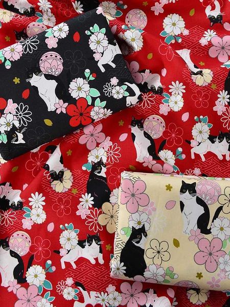 Tessuto gatto fiore di ciliegio in cotone puro tessuto in tessuto fai -da -te in stile giapponese rosso per cucire da mezzo metro D240503