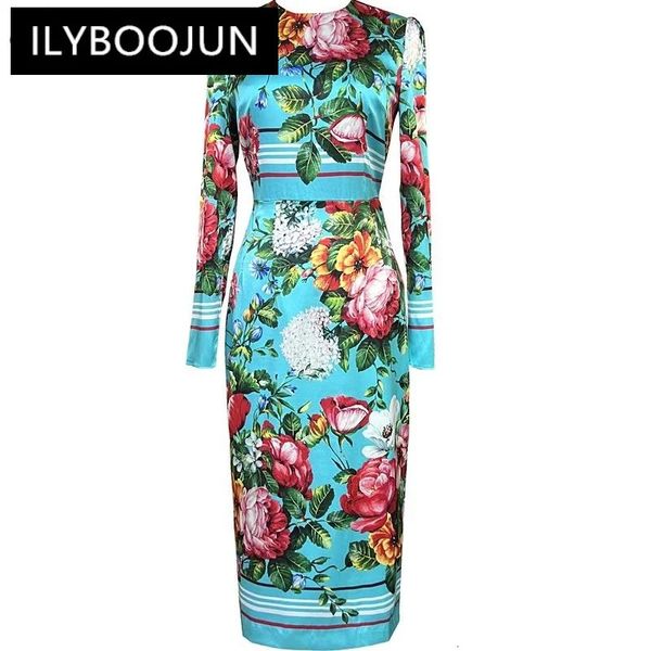 Ilyboojun designer de moda Spring Silk lápis Dress Women O-Gobes O-Gola Longo Manga Longa Estampa Floral Vestidos Elegantes 240429